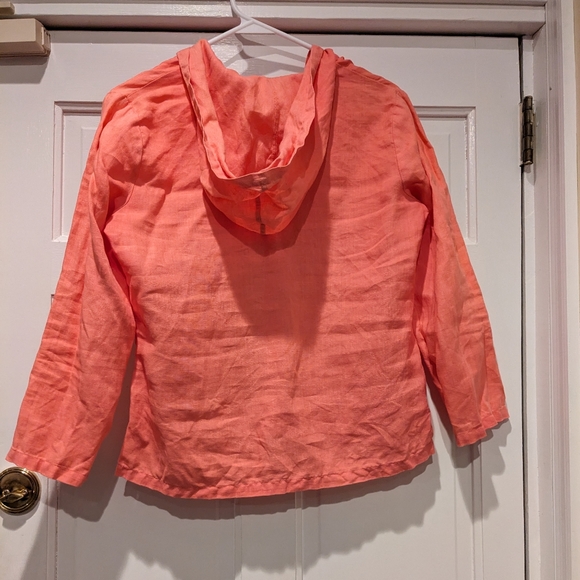 🌞Anthropologie pink 3/4-sleeve linen pullover v-neck hoodie (hooded top), Sz 4 - Picture 2 of 4